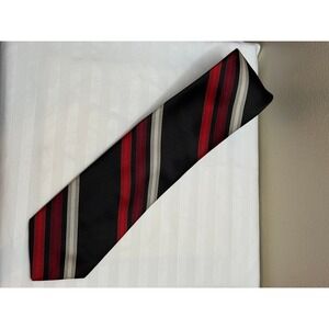 Philippe Longet Paris New York Striped Silk Necktie Red Black Silver Diagonal
